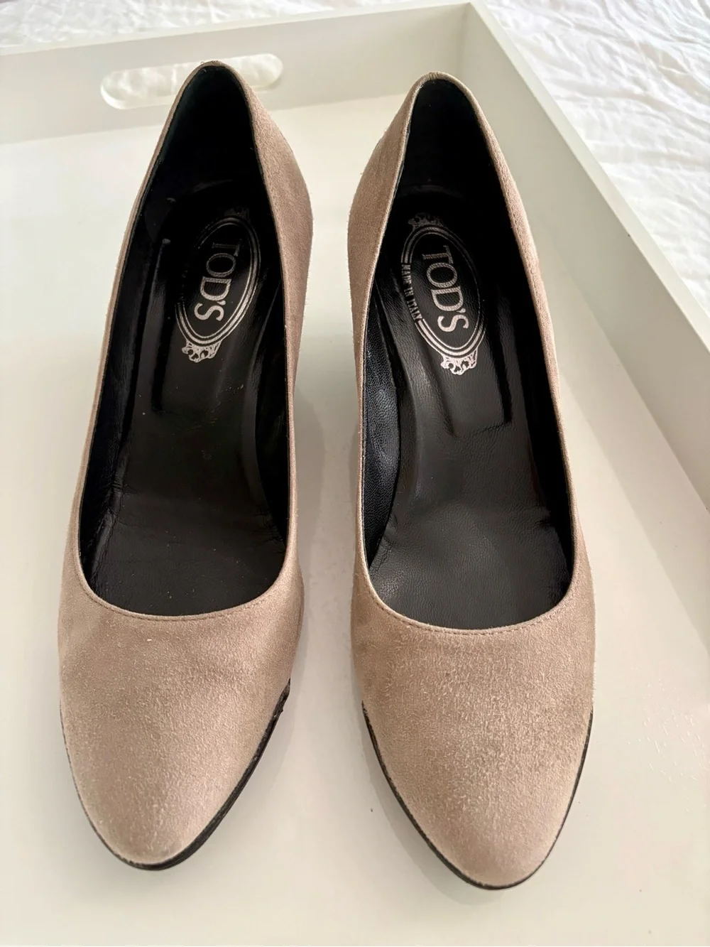 Tod's Taupe Suede Wedge Pumps with Black Heel